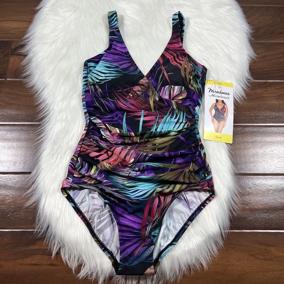 Miradonna Miraclesuit Size 6 Bahama Palms Shaping V Neck One Piece Swimsuit - Picture 1 of 12